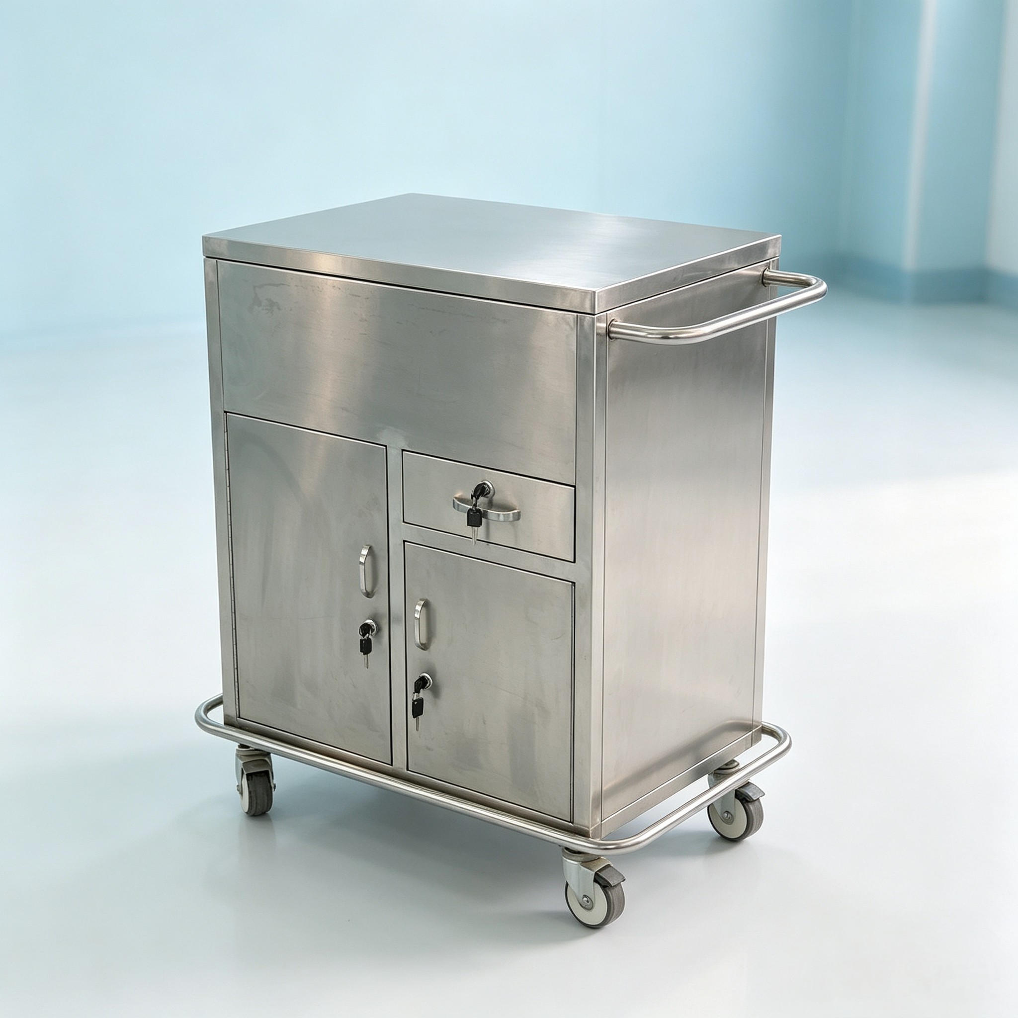 B11 Fully Enclosed Stainless Steel Emergency Crash Cart with Silent Drawer Slides & Lockable 3-Inch Casters for Hospital Rescue Medication Storage