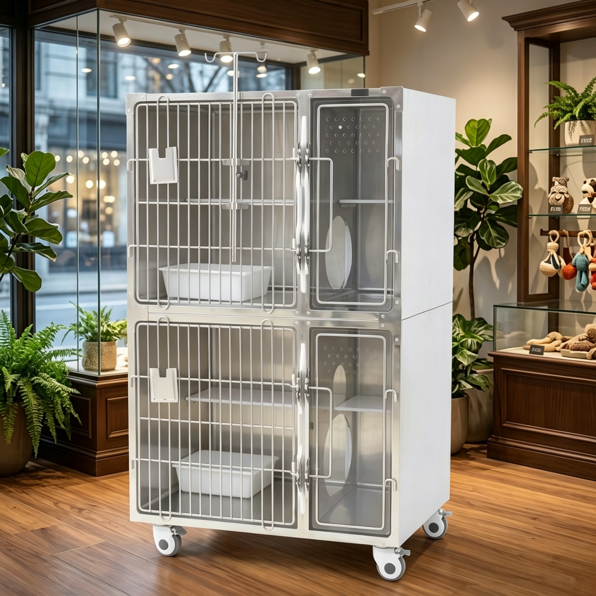 ACML-02 Double Layer Luxury Stainless Steel Cat Cage, 304 Stainless Vet Cat Boarding Cage with Silent Lock & Brake Casters for Pet Hospital & Grooming Shop