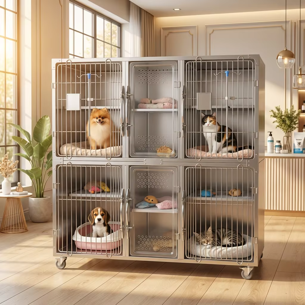 ACML-04 Four Compartment Luxury 304 Stainless Steel Cat Cage, Silent Auto Lock Veterinary Cat Boarding Cage with Brake Casters for Pet Hospital & Breeding