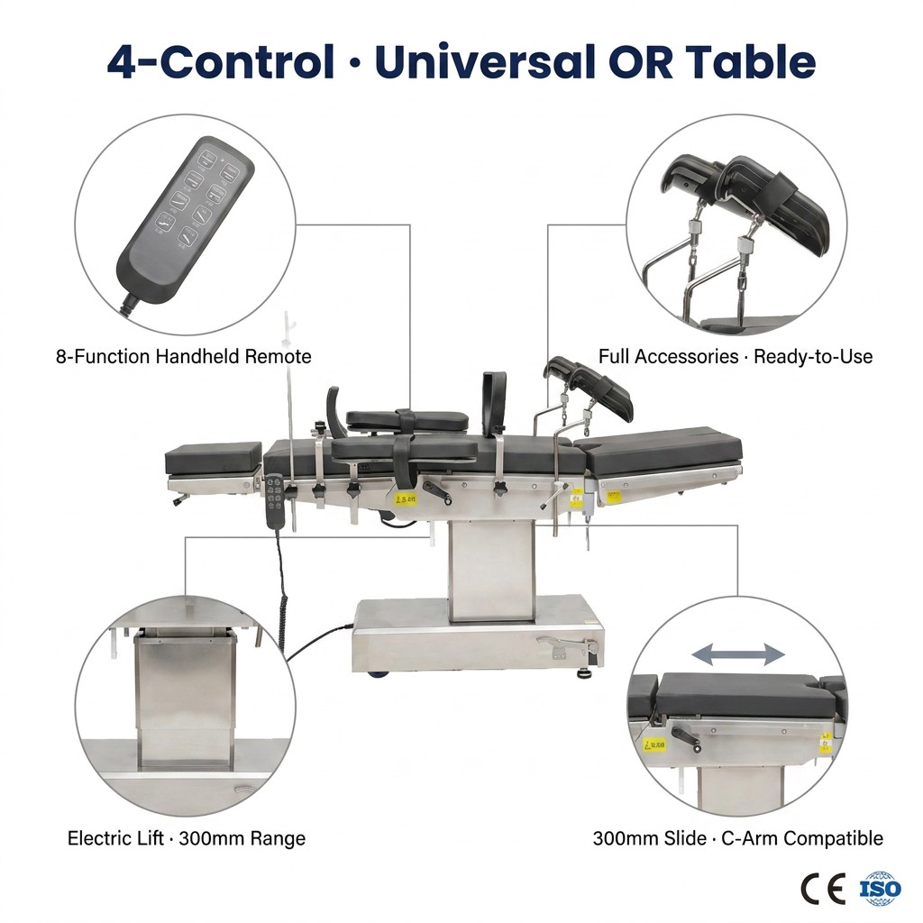 CH-T200 Electric Operating Table with 4-Control Longitudinal Translation, X-ray Translatable Surgical Table ISO & CE Certified for Multi-Department Surgery