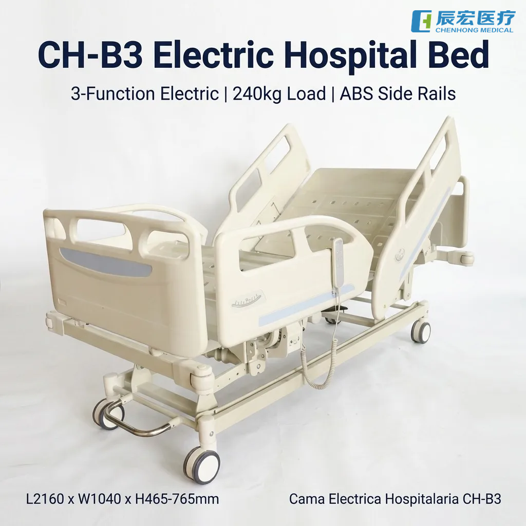 CH-3 Three-Function Electric Hospital Bed, 3 Motors Patient Nursing Bed with ABS Side Rails & Central Lock Casters for Hospital Ward & Home Care