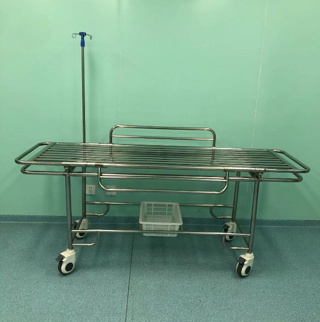 B3 Stainless Steel Stretcher Trolley with 4 Small Silent Casters, Detachable Patient Transfer Cart with IV Stand & Storage Basket for Hospital Emergency Transport