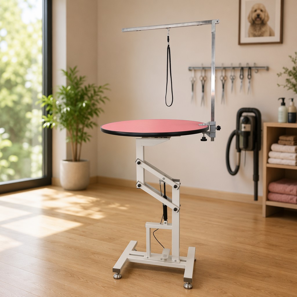ACMR-01 Pneumatic Pet Grooming Table, Round Anti-Slip Hair Resistant Beauty Table with Stainless Steel Suspension Arm for Pet Salon