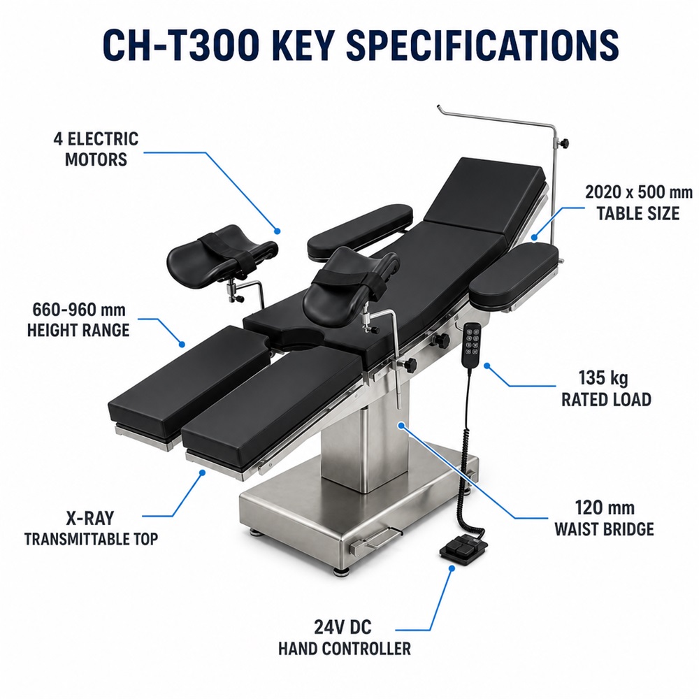 Electric Four-Control Operating Table CH-T300 with Built-in Battery, 304 Stainless Steel, CE Approved Hospital Surgery Table