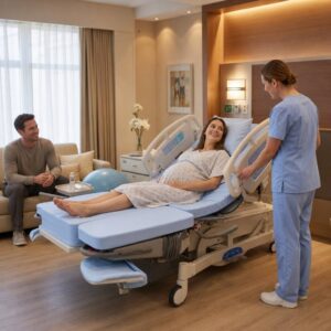 Electric LDR bed with pull-out auxiliary tray,